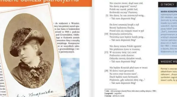 Maria Konopnicka, autorka wiersza "Rota", przedstawiona na zdjęciu. Tekst wiersza, pełen patriotyzmu, wzywa do obrony ojczyzny.