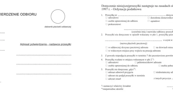 Formularz "Potwierdzenie odbioru" zawiera pola do wypełnienia, jak wypełnić potwierdzenie odbioru, adres nadawcy i odbiorcy, rodzaj i numer pisma.