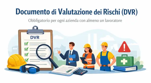 Valutazione dei rischi (DVR) obbligatorio per ogni azienda con dipendenti. Personale analizza documenti, caschi e kit pronto soccorso.