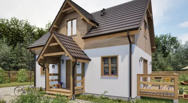 Drewniany dom całoroczny z werandą i tarasem. Jaka grubość bala na dom całoroczny? Ten projekt sugeruje solidne, grube bale.