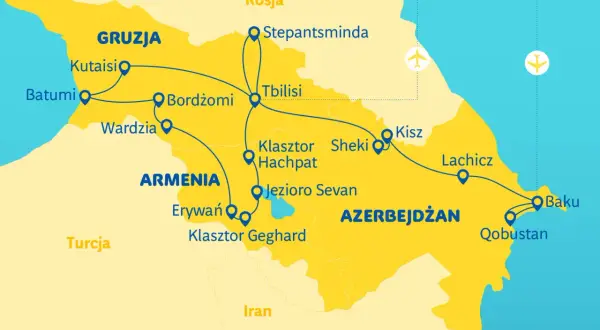 Mapa turystyczna państw na Kaukazie: Gruzja, Armenia, Azerbejdżan. Zaznaczone miasta: Batumi, Kutaisi, Tbilisi, Erywań, Baku.