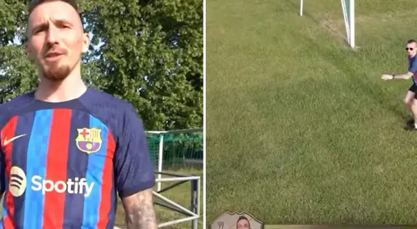 Szymon Kasprzyk w koszulce FC Barcelony i na boisku piłkarskim.