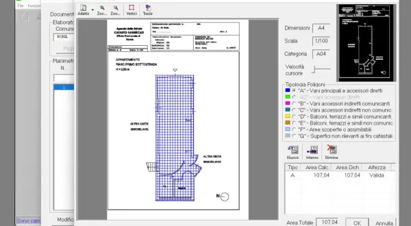 Schermata del software Docfa 4.0 per il nuovo catasto edilizio urbano, con planimetria e dati di calcolo.