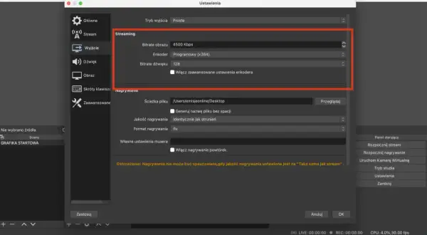 Ustawienia OBS: bitrate obrazu 4500 Kbps, enkoder Programowy (x264). Konfiguracja nagrywania ekranu.