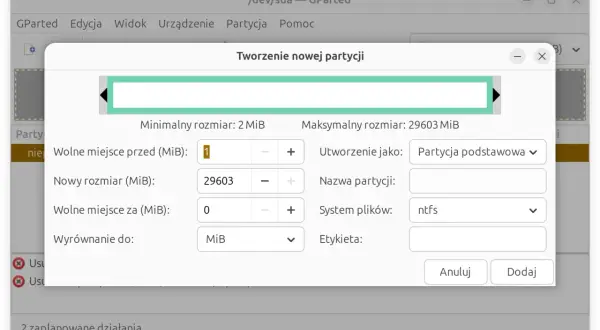 GParted: tworzenie nowej partycji na pendrive. Ustawianie rozmiaru, systemu plików ntfs i nazwy.