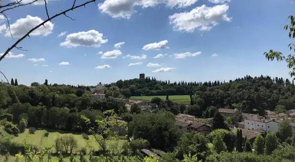 Widok na wzgórza i miasteczko Solferino, z wieżą na szczycie. Zielone winnice i drzewa pod błękitnym niebem z chmurami.