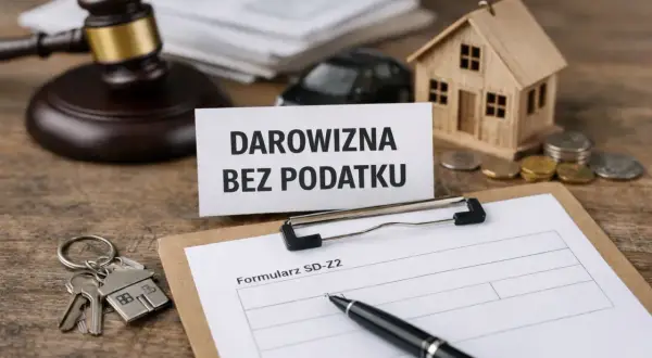 Klucze do domu, mały domek, monety i dokumenty sugerują, że chodzi o podatek od darowizny w rodzinie.