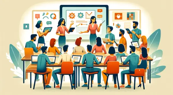 Ilustracja przedstawia szkolenie dla dorosłych, gdzie dwie kobiety prowadzą lekcję, a uczestnicy siedzą przy stołach z laptopami.