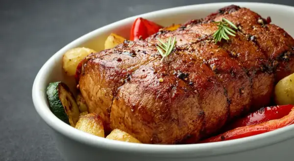 Pyszny schab w cebuli, pieczony z ziemniakami, cukinią i papryką. Idealny na niedzielny obiad.