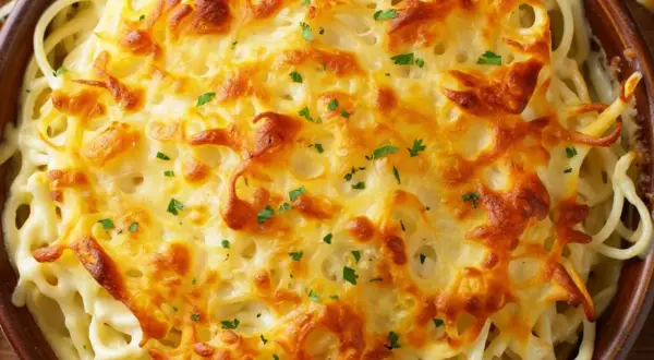 Überbackene Spaghetti mit Butter und Parmesan, goldbraun und knusprig, garniert mit Petersilie.