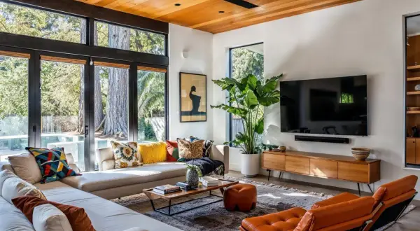 A living room showcasing mid-century modern architecture with large windows, a sectional sofa, and iconic orange leather chairs.