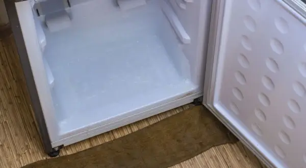 Woda w lodówce zamarzła, tworząc grubą warstwę lodu. Drzwi zamrażarki są otwarte, a na podłodze leży brązowy dywanik.