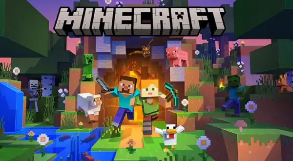 Steve i Alex gotowi na przygodę w świecie Minecrafta, gdzie **minecraft cross play** pozwala grać z przyjaciółmi niezależnie od platformy. Creeper, zombie i inne stwory czają się w tle.