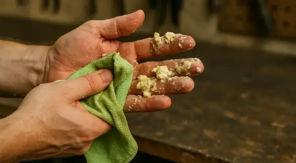 Ręce ubrudzone pianką montażową. Zielona ściereczka pomaga w czyszczeniu. Dowiedz się, czym zmyć piankę montażową.