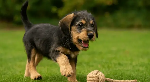 Un adorable chiot griffon nivernais poil court, tout noir et brun, joue avec une corde sur l'herbe verte.