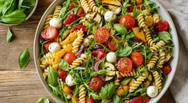 Salade de pâtes colorée avec des tomates cerises, des courgettes grillées, des poivrons, de la roquette et des billes de mozzarella.