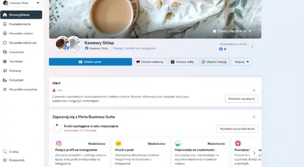 Meta Business Suite: jak założyć konto firmowe na FB bez konta osobistego. Widok panelu zarządzania profilem "Kawowy Sklep".