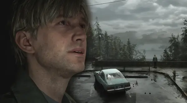 James Sunderland blickt nachdenklich in die Ferne, während im Hintergrund ein verlassenes Auto und eine neblige Landschaft zu sehen sind. Ein Ausblick auf den **Silent Hill 1 Remake**.