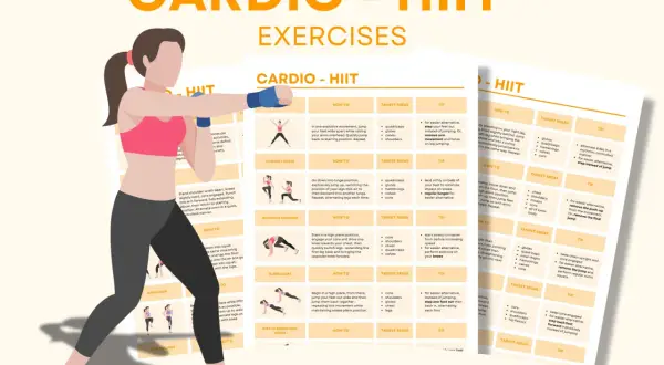 Kobieta w stroju sportowym, plansza z ćwiczeniami HIIT. Szukasz inspiracji na jaki trening na redukcje?