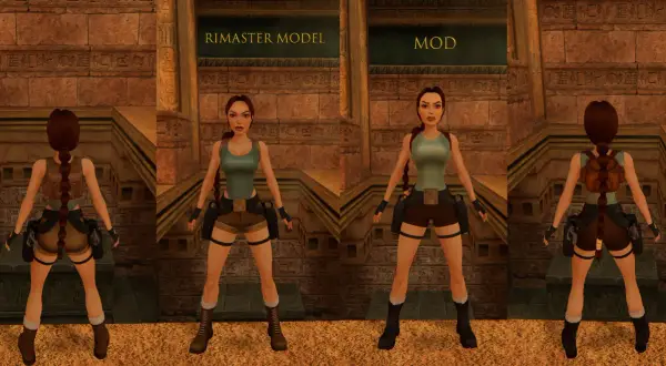 Porównanie modeli Lary Croft: "rimaster model" vs "mod" w tomb raider remake.