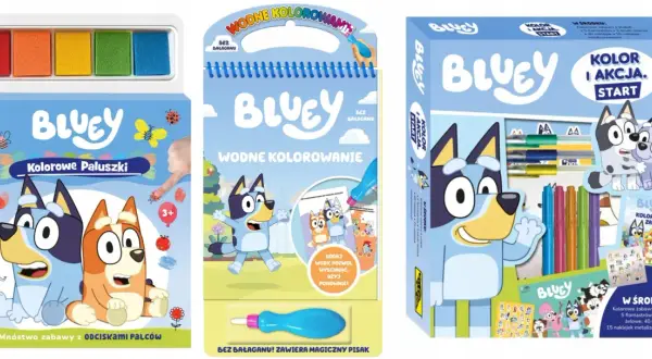 Zestawy Bluey: kolorowanki wodne wielokrotnego użytku z magicznym pisakiem i kolorowe paluszki do zabawy.