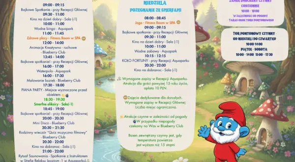 Smerf animator zaprasza na sobotnie i niedzielne atrakcje: kino, aquapark, zabawy i imprezy.
