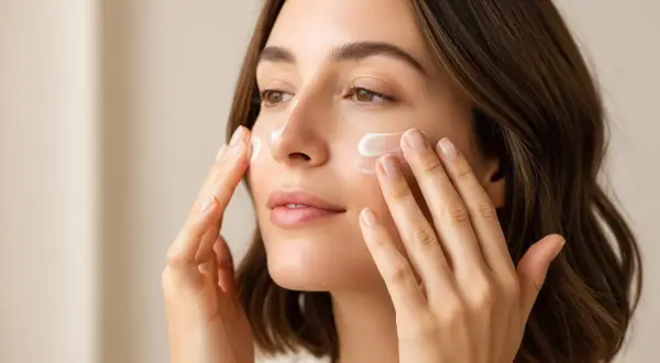 Donna applica crema viso. Il phenoxyethanol cos'è? Un conservante comune nei cosmetici per la cura della pelle.