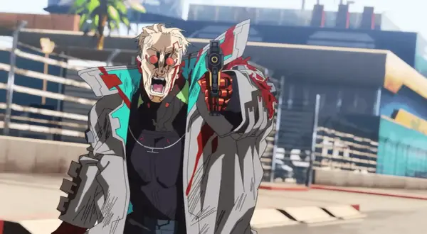 Ein blutverschmierter Mann mit roten Augen und einem Schrei zielt mit einer Waffe. Er könnte ein Charakter aus Cyberpunk Edgerunners Season 2 sein.