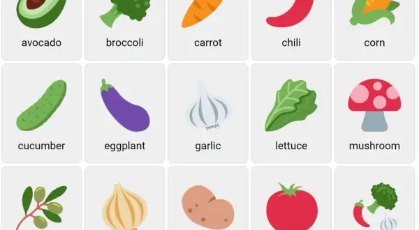 Tarjetas con imágenes de aguacate, brócoli, zanahoria, chile, maíz, pepino, berenjena, ajo, lechuga, champiñón, aceitunas, cebolla, patata, tomate y una verdura.