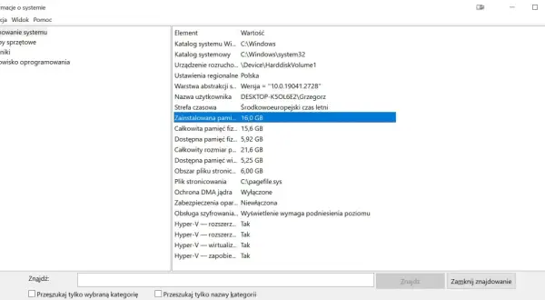 Podsumowanie systemu: zainstalowana pamięć RAM w laptopie to 16,0 GB.