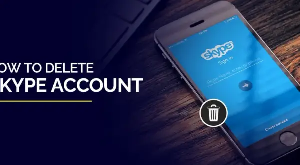 Jak usunąć konto Skype? Ilustracja pokazuje ekran logowania aplikacji Skype na telefonie, z ikoną kosza i tekstem "HOW TO DELETE SKYPE ACCOUNT".