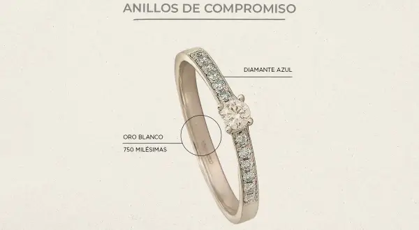 Anillo de compromiso como debe ser: oro blanco 750 milésimas con diamante azul central y diamantes laterales.