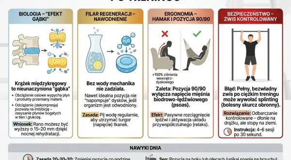Po treningu kręgosłup potrzebuje regeneracji. Unikaj błędów, jak pełny zwis, by nie doprowadzić do dyskwalifikacji przez bolesny skurcz.
