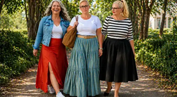 Drei Frauen spazieren im Freien. Sie tragen Kleider, die den **Bauch kaschieren**.