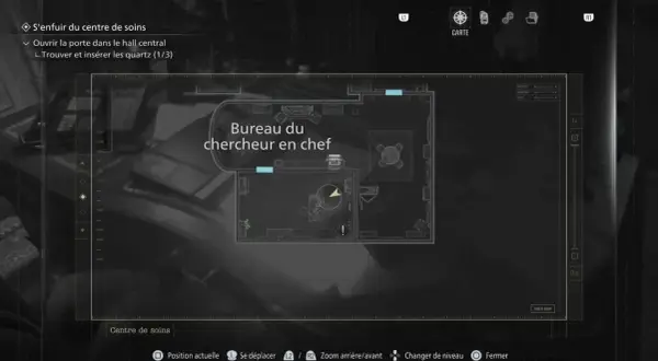 Carte du centre de soins, objectif : trouver les quartz dans le bureau du chercheur en chef, un complément commune lieu dit.