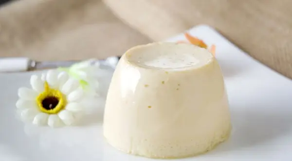 Budino fatto in casa, liscio e cremoso, servito su un piatto bianco con un fiore decorativo.