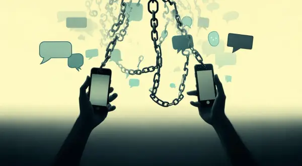 Dwie ręce trzymają telefony, połączone łańcuchami z dymkami czatu. Jak usunąć kogoś z grupy na Messengerze?