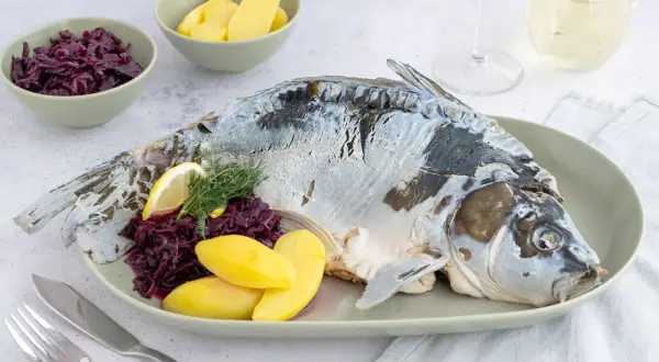 Festlicher Weihnachtskarpfen mit Rotkohl und Kartoffeln, ein klassisches Rezept für die Feiertage.