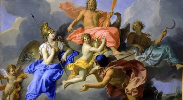 Gudinnan Athena, en krigisk gudom, sitter med spjut och sköld. Ovanför henne tronar Zeus, omgiven av andra gudar och putti.
