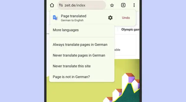 Menú de traducción de página de alemán a inglés. Opciones para gestionar sitios en inglés y otros idiomas.