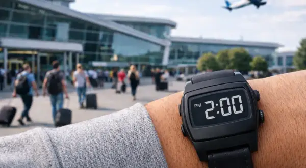 Zegarek pokazuje 2:00 PM. Pasażerowie z bagażami spieszą do terminalu. Ile wcześniej trzeba być na lotnisku po odprawie online?