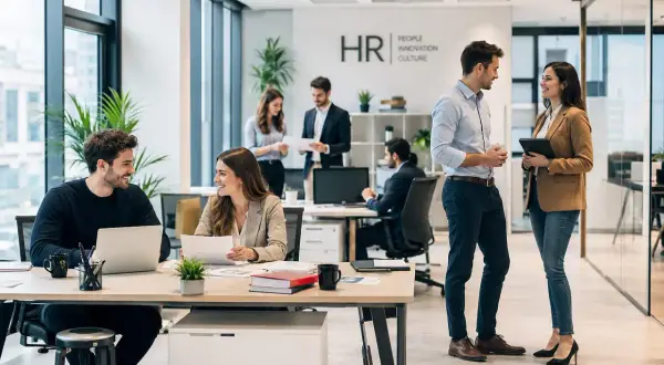 Persone in un ufficio moderno discutono, forse su come scrivere un annuncio di lavoro efficace. L'ambiente è luminoso e collaborativo.