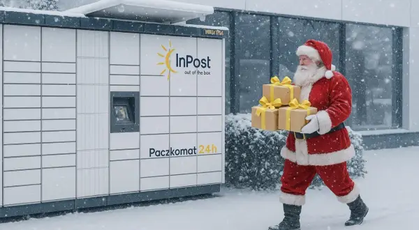 Święty Mikołaj niesie prezenty do Paczkomatu InPost. Dowiedz się, jak zapakować paczkę InPost, by dotarła na czas.