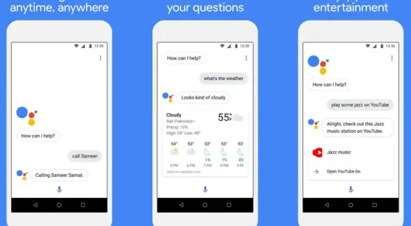 Trois écrans de téléphone affichant l'Assistant Google. L'un montre "Hey Google ne fonctionne pas" et appelle Sameer, un autre donne la météo, le dernier joue du jazz sur YouTube.