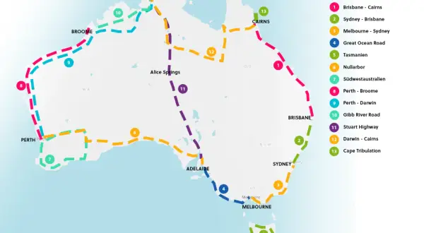 Australien-Karte mit Routen: 2 Wochen Australien? Ja, das lohnt sich! Von Perth bis Cairns, die Vielfalt ist riesig.