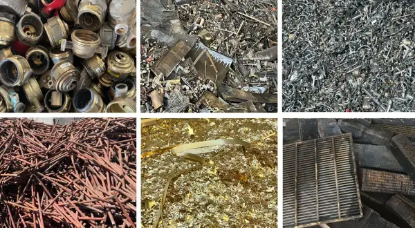 Złom mosiądzu w różnych formach: okucia, wióry, pręty i elementy grzejników. Różnorodne rodzaje mosiądzu do recyklingu.