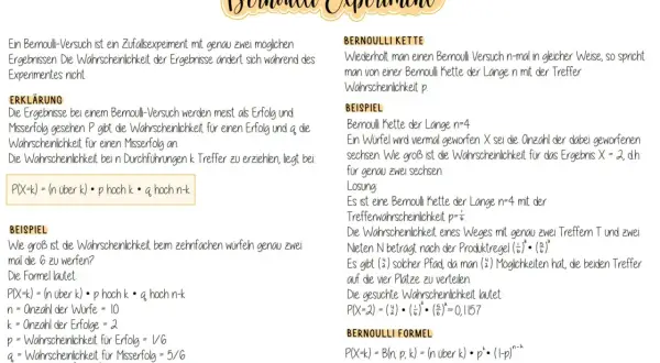 Bernoulli-Experiment: Formel für Wahrscheinlichkeit von k Erfolgen bei n Versuchen. Beispiel: 2 Sechsen beim 4-fachen Würfeln.