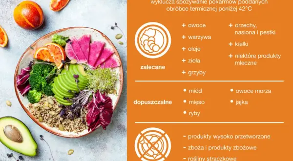 Witarianizm co to? Talerz pełen świeżych owoców, warzyw, awokado i kiełków. Dieta wyklucza obróbkę termiczną powyżej 42°C.