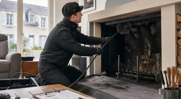 Un ramoneur nettoie une cheminée. Même si elle n'est pas utilisée, il est important de savoir si on doit ramoner une cheminée non utilisée pour éviter les risques.