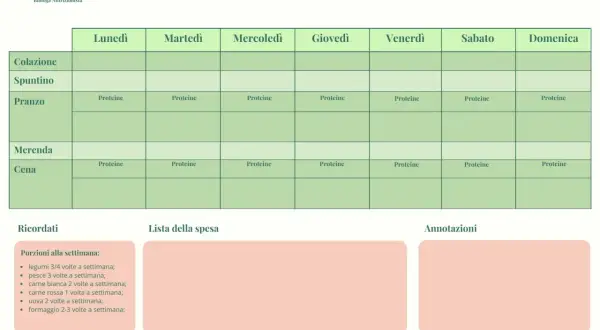 Menu settimanale con focus su proteine, ideale per una dieta chetogenica. Include promemoria su porzioni settimanali e lista della spesa.